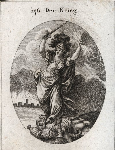 Allegorie van oorlog. Ze houdt een bliksem en een naakt zwaard vast en breekt onder haar voeten gouden en zilveren vazen en een standbeeld van de god Plutus dat wordt gesymboliseerd door een hoorn van overvloed en een blinddoek. Onderaan de muren van een v door Austrian School