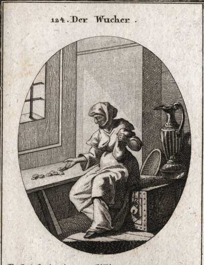Allegorie van slijtage zittend op een kluis, ze telt munten. Andere rijkdom is dichtbij haar voor grotere veiligheid. Gravure in 