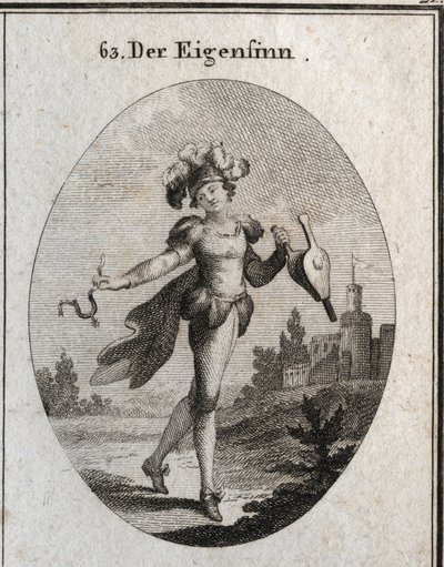 Allegorie van gril. Zijn kostuum en veren markeren de wispelturigheid van de grillen van de grillige. De blaasbalg en de spoor die hij vasthoudt, tonen aan dat hij zowel deugd als ondeugd prijst. door Austrian School