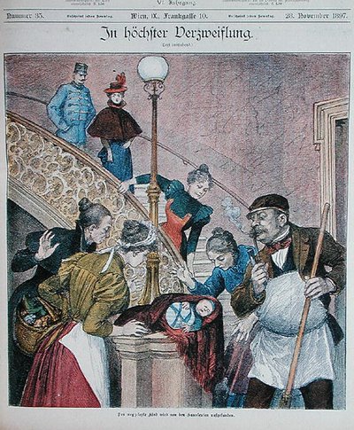 Omslag van een Oostenrijks tijdschrift met een baby achtergelaten op een trap van een flatgebouw, 28 november 1897 door Austrian School