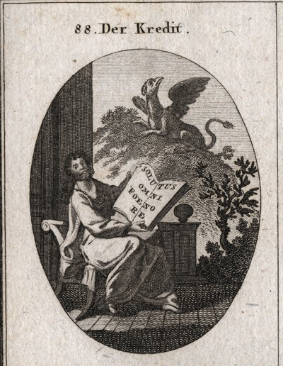Allegorie van krediet die een boek vasthoudt met de inscriptie 
