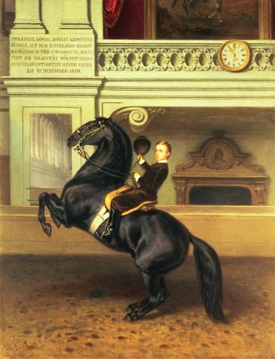 Kroonprins Rudolph van Oostenrijk (1858-89) te paard in de Winterrijschool van de Hofburg, Wenen, 1870 door Austrian School