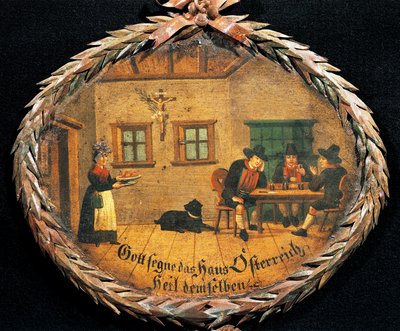 Klanten zittend aan tafel in herberg en serveerster, ovaal bord voor herberg, Oostenrijk door Austrian School