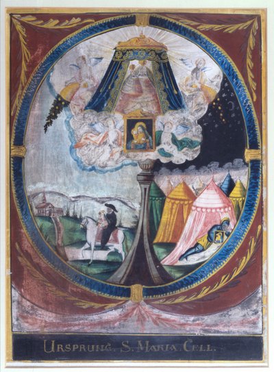 Afbeelding van de monnik Magnus die het wonderbaarlijke houten beeld van de Maagd Maria naar Mariazell brengt in 1157 en van de verschijning van Onze Lieve Vrouw aan een slapende ridder door Austrian School