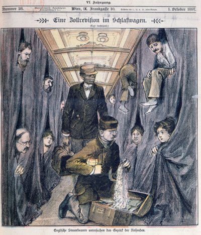 Engelse douanebeambten die bagage in een slaaprijtuig onderzoeken door Austrian School