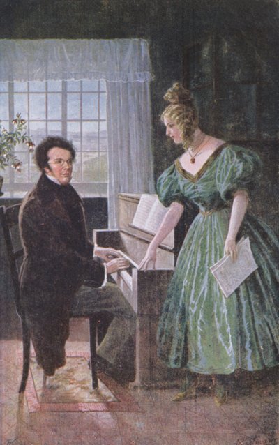 Franz Peter Schubert die piano speelt, ansichtkaart ca. 1910 door Austrian School