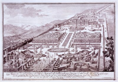 Prachtige tuinen en paleis van Baron de Huldenburg, gebouwd door hem in Widlingsau, 1719 door Austrian School