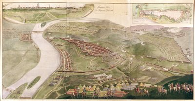 Kaart die de verovering van Buda illustreert, 1686 (kleurgravure) door Austrian School