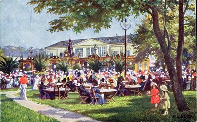 Ansichtkaart met de terras van het Meierei-Tivoli café, Schönbrunn Kwartier, Wenen door Austrian School