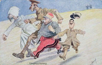 Hergroepering, Rusland, Groot-Brittannië, Frankrijk en Italië vluchten voor de Oostenrijkers en Duitsers aan de horizon, Eerste Wereldoorlog ansichtkaart door Austrian School