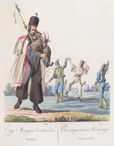 Soldaten van een Hongaars regiment voeren een rekruteringsdans uit, illustratie uit een boek Costumes de Hongrie, gepubliceerd in Wenen, 1810 door Austrian School