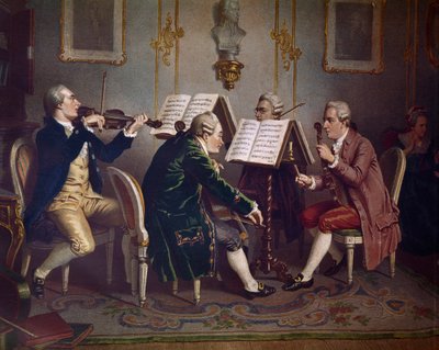 Strijkkwartet speelt een werk van Mozart (Kamermuziek) (Lithografie) door Austrian School