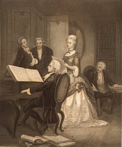 Wolfgang Amadeus Mozart begeleidt Caterina Maddalena Giuseppa (gravure) door Austrian School