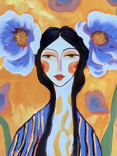 Boho-vrouw met blauwe bloemen door Avanesova Elena