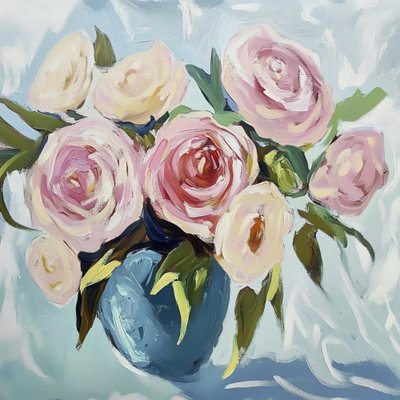 Roze rozen in een blauwe vaas door Avanesova Elena