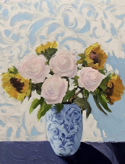 Rozen, zonnebloemen, blauwe vaas door Avanesova Elena
