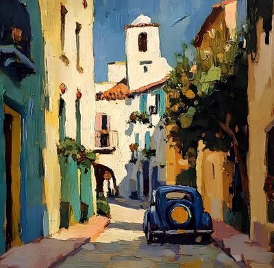 Sunny Village Blauwe auto door Avanesova Elena