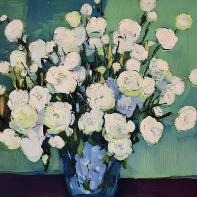 Witte bloemen in een blauwe vaas door Avanesova Elena