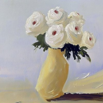 Witte bloemen in een gele vaas door Avanesova Elena