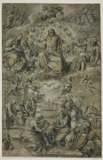 Dispuut van het Heilig Sacrament met de Drie-eenheid zwevend in de lucht door Avanzino Nucci