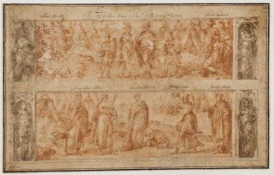 Twee frieses, de een boven de ander, met scènes uit de vroege geschiedenis van Rome door Avanzino Nucci