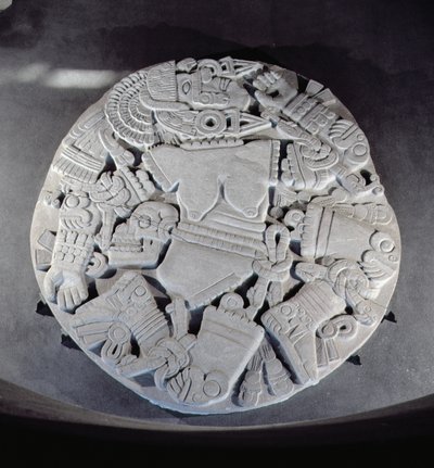 Gravure van de verminking van de maangodin Coyolxauhqui, gevonden aan de voet van de tweelingpiramide in Tenochtitlan, Late Postklassieke Periode (1300-1521) door Aztec