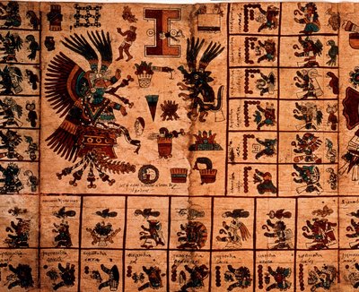 Afbeelding van Azteekse goden en vakken die overeenkomen met de kalender. Pagina van het Azteekse manuscript op schors 