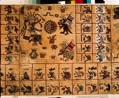 Representatie van Azteekse goden en vakjes die overeenkomen met de kalender. Pagina van het Azteekse manuscript op schors 