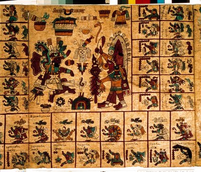 Voorstelling van Azteekse goden en dozen die overeenkomen met de kalender. Pagina van het Azteekse manuscript op schors 