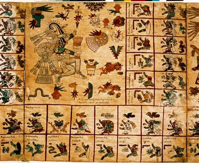 Voorstelling van Azteekse goden en kalenders. Pagina uit het Azteekse manuscript op schors 