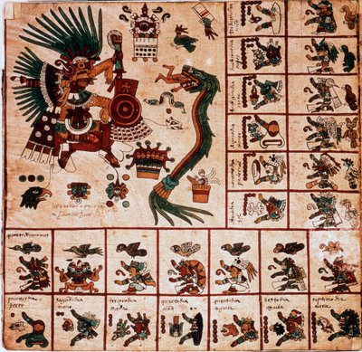 Representatie van Quetzalcoatl en Tezcatlipoca, Azteekse goden en vakjes die overeenkomen met de kalender. Pagina van het Azteekse manuscript op schors 