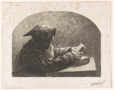 Lezende monnik door B.J. de Vries jr. (signed by artist)