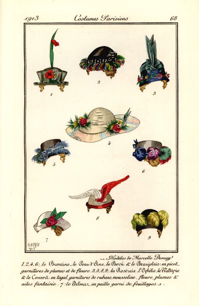 Dameshoeden ontwerpen door hoedenmaker Marcelle Demay. Modèles de Marcelle Demay. Handgekleurde pochoir (stencil) ets naar een illustratie van B. Berty uit Tommaso Antongini’s Journal des Dames et des Modes, Aux Bureaux du Journal des Dames, Parijs door B Berty