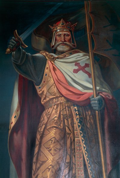 Tsjechië, Zuid-Bohemen, Kasteel Rozmberk, kruisvaarder, fresco door B. Strobl (detail) door B. Strobl