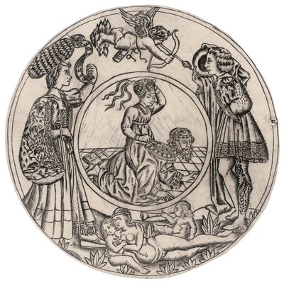 Aristoteles en Phyllis, omringd door een Jonge Man en Vrouw met Eros, en een liggende naakte Vrouw met twee Kinderen, tweede helft van de 15e eeuw door Baccio (circle of) Baldini