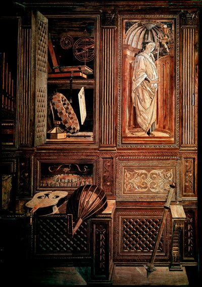 Studiolo van hertog Frederic III van Montefeltre, hertog van Urbino (Urbino), in het Italiaans Federico III da Montefeltro (1422-1482). Detail met voorstelling van een mazzocchio. Houten mozaïek, uitgevoerd door Baccio Pontelli (1450-92) naar tekeningen va door Baccio Pontelli