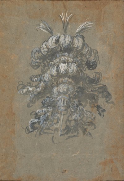 Ontwerp voor een weelderige hoofdtooi met veren op een helm, vooraanzicht door Baccio del Bianco