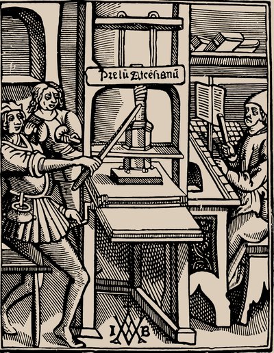 Prelum Ascensianum: drukkerij met de drukpers in werking, 1508 door Badius