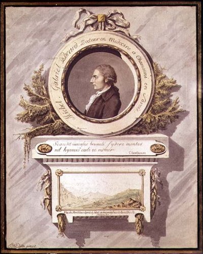 Michel Gabriel Pacard, dokter uit Chamonix, Savoie met uitzicht op de Mont Blanc vanuit de vallei van Sallenche door Bailer Dalbe