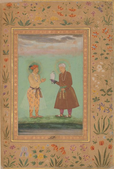 Jahangir en zijn vader, Akbar, Folio uit het Shah Jahan Album, verso: ca. 1630 door Balchand