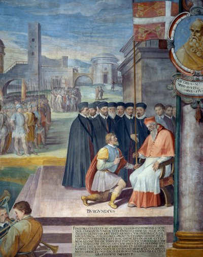 Bernard de Coucy, rector van het Patrimonium, geeft de stad Viterbo de standaard van de Kerk, fresco door Baldassarre Croce door Baldassare Croce