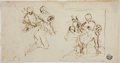 Twee compositieschetsen van in elkaar zakkende figuur ondersteund door twee andere figuren (recto); compositieschets van knielende figuur begeleid door twee andere figuren door Baldassare Franceschini