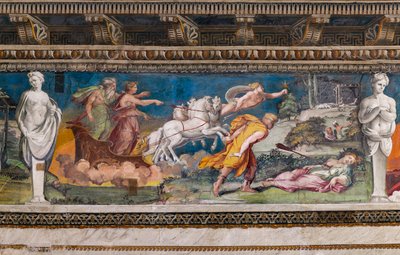 Procris doorboord door de onfeilbare speer, Cephalus rent naar haar toe en Aurora en Titone op een wagen getrokken door vier paarden door Baldassarre Peruzzi