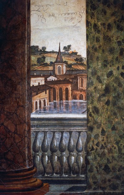Gebouwen bij water, detail van fresco in de Hal van Perspectieven door Baldassarre Peruzzi