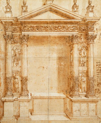 Ontwerp voor een Altaar met een Fronton Tabernakel Ondersteund door Gepaarde Korinthische Beelden van Sint Lucia, Sint Agnes, Sint Ansanus en Sint Stefanus in Nissen Tussen Deze door Baldassarre Peruzzi