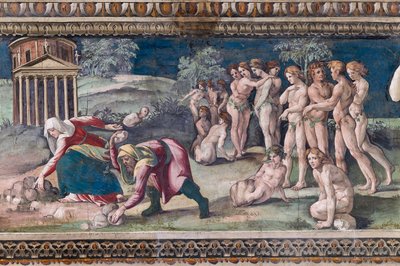 Deucalion en Pyrrha gooien stenen door Baldassarre Peruzzi