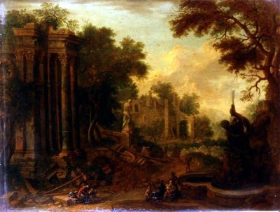 Boslandschap met reizigers die rusten bij klassieke ruïnes door Balthasar (circle of) Beschey
