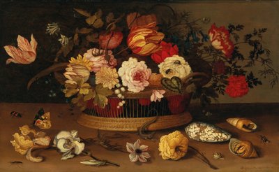 Een rieten mand met bloemen en schelpen op een stenen richel door Balthasar van der Ast