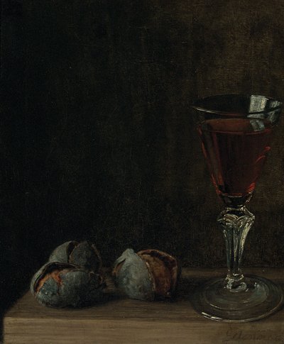 Een glas wijn met walnoten op een tafel door Balthasar Denner