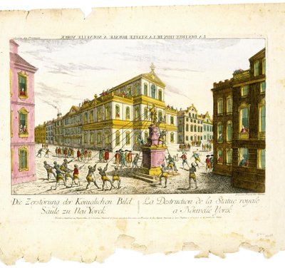 Vernietiging van het koninklijke standbeeld in New York door Balthasar Friedrich Leizelt